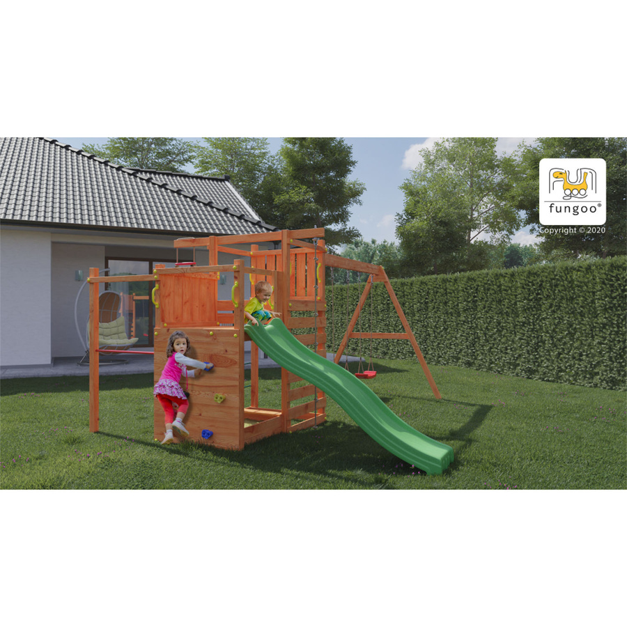 Fungoo Spielturm Climbing Star 3 in Teak mit Rutsche, Doppelschaukel, Kletterwand, Strickleiter und Kletternetz - Bild 2