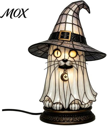 Baiyuefanxing Halloween Nachtlampe Schwarze Katze mit Hexenhut als dekorative Tischlampe in Schwarz und Bronze mit lila Licht im Gothic Retro Stil für dein Schlafzimmer - Bild 1