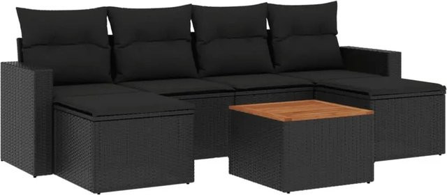 vidaXL 7-teilige Garten-Sofagarnitur aus Poly-Rattan und Akazienholz in Schwarz mit Kissen - Bild 1