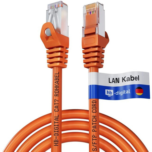 hb-digital LAN Kabel CAT 7 Rohkabel RJ45 S/FTP PiMF LSZH AWG 26 Orange, Länge: 0,5 m - Bild 1