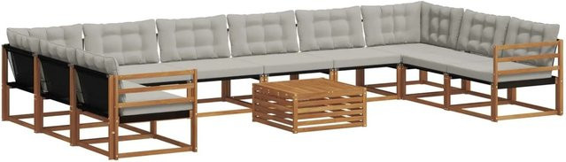 vidaXL Outdoor-Sofagarnitur aus Akazienholz in U-Form, 11-teiliges Set mit Textilene und Kissen, Natur und Hellgrau - Bild 1