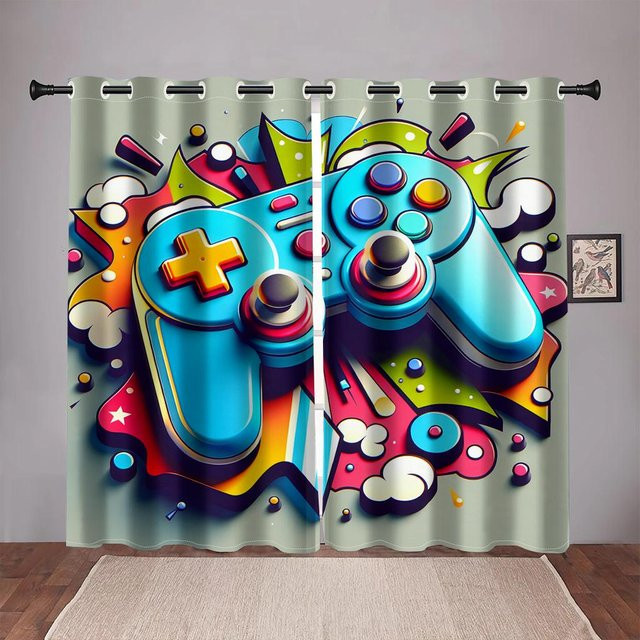 Yiran Furniture Gamer Vorhänge mit Graffiti Videospiele Motiv, halbtransparent, Mehrfarbig, B: 50 cm, H: 130 cm, 2er-Set - Bild 1