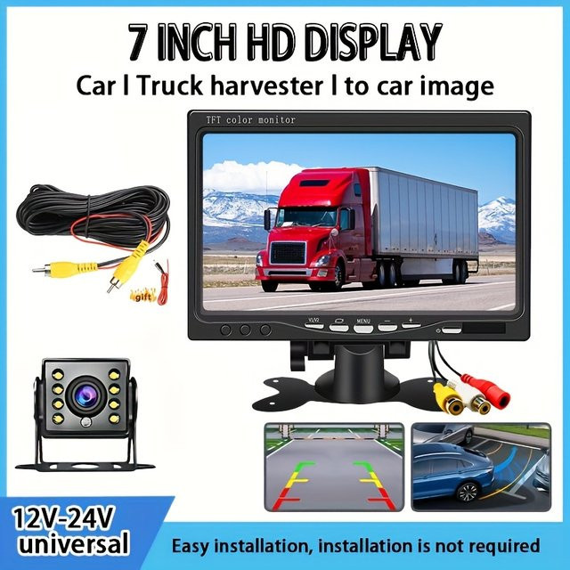 QueenDer HD-TFT-Farbmonitor mit 17,78 cm Display und 8 LED-Rückfahrkamera in Schwarz mit 10,0 m RCA-Videokabel - Bild 1