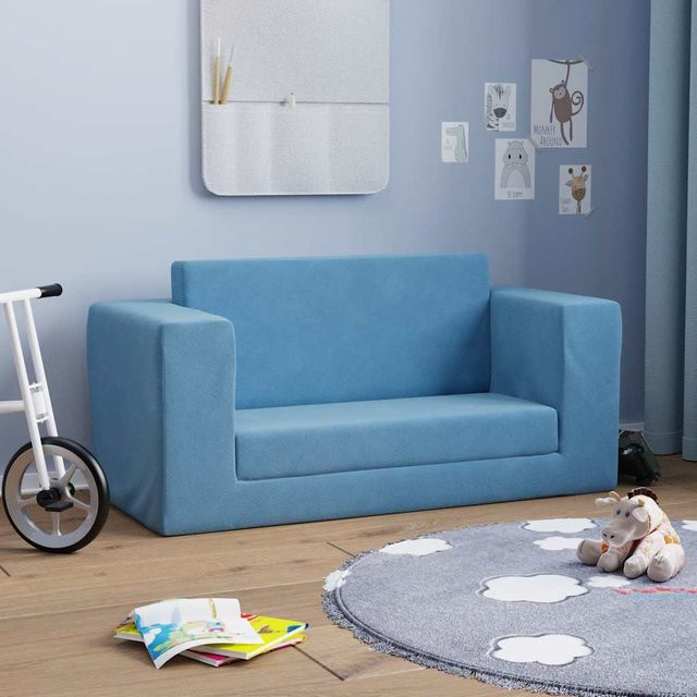 Vidaxl 2-Sitzer Kinder Sofa aus weichem Plüsch, ausklappbar, Blau - Bild 1