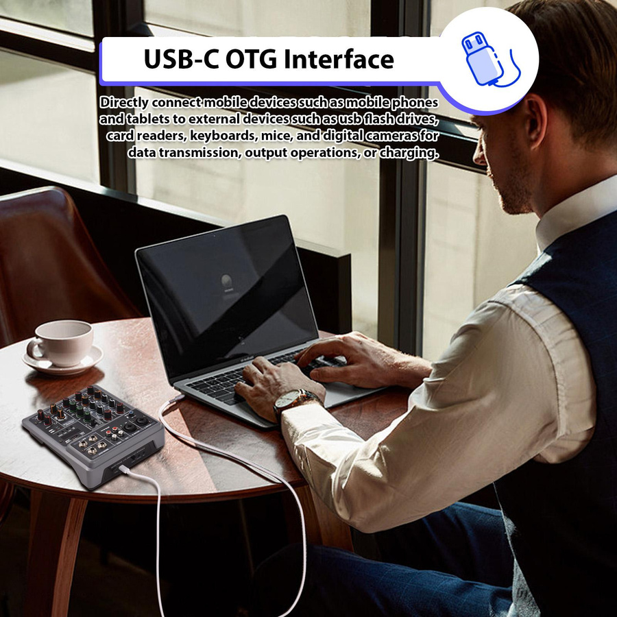 TOMTOP JMS 6-Kanal Audiomixer Mischpult mit 2 drahtlosen Mikrofonen, Bluetooth und OTG, 4 DSP-Szeneneffekte, Schwarz - Bild 6