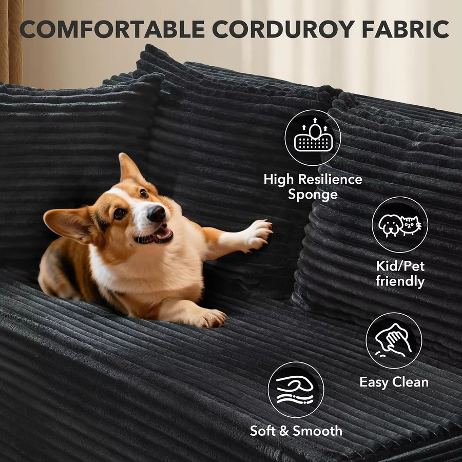 Garvee L-förmiges modulares Ecksofa in Schwarz mit weichem Cord-Bezug und breiter Sitzfläche für dein Wohnzimmer - Bild 5
