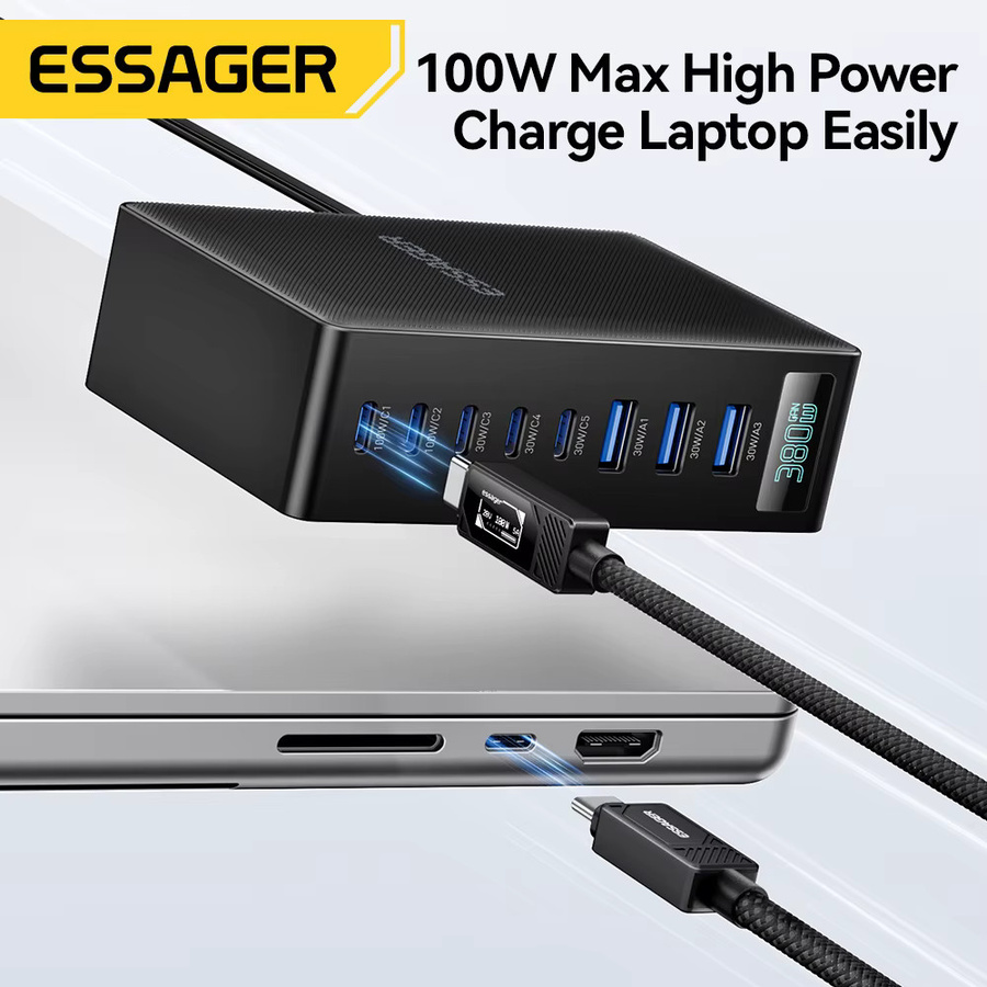 Essager 380W GaN Schnellladestation 8-in-1 Desktop-Ladedock für Laptop und Smartphone in Schwarz - Bild 3