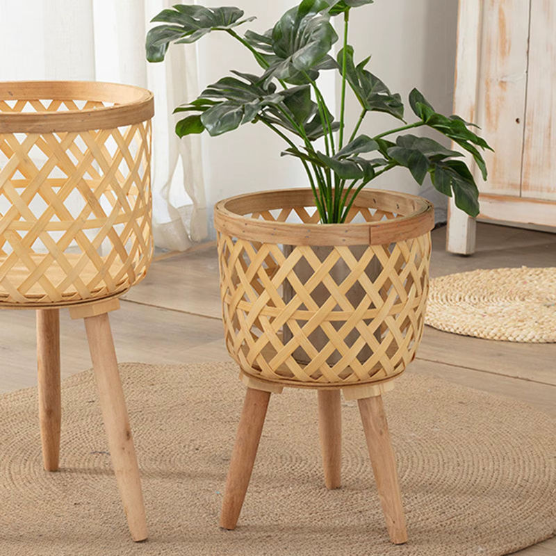 Kesoto Handgewebter Blumenkorb aus Bambus in Beige, Rund und Stehend im Skandinavischen Design - Bild 2