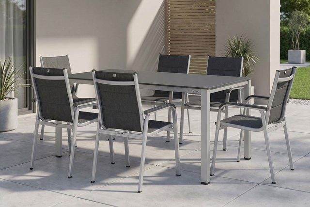 Kettler KETTALUX-Plus/Basic Plus Sitzgruppe aus Aluminium und Textilene mit 6 Stapelsesseln, silber/anthrazit/grau, B/T: 160 x 95 cm - Bild 1
