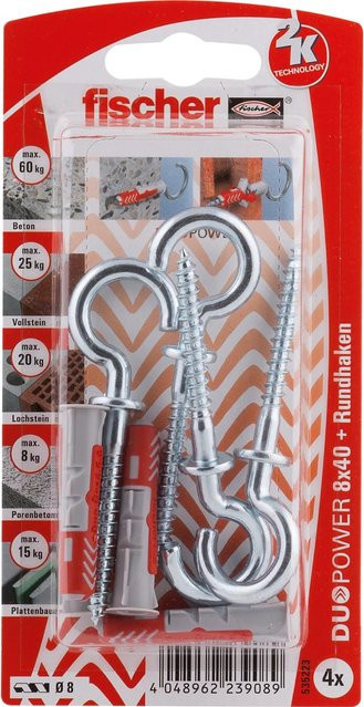 Fischer DuoPower Dübel mit Rundhaken, Ø 8 mm x 40 mm, 4 Stück, mehrfarbig - Bild 1