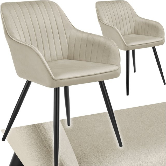 tectake Esszimmerstuhl Marilyn 2er Set gepolstert in Samtoptik mit Steppmuster und Stahlbeinen B/T/H: 58 x 62 x 82 cm in Schwarz-Creme - Bild 1