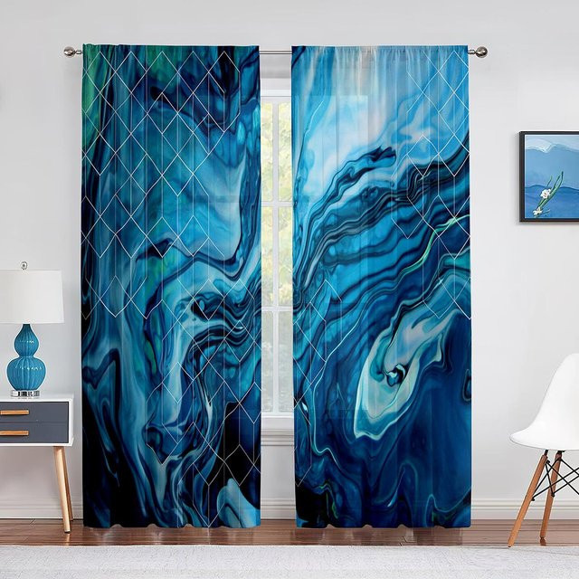 Binchi Outdoor Equipment Transparenter Chiffon-Vorhang mit abstraktem Marmor-Design in Marineblau und Gold, Breite: 100 cm, Höhe: 250 cm - Bild 1