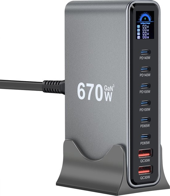 Deepartner 670W GaN Desktop-Schnellladestation mit Display, 8-Port-Ladegerät in Grau mit 140W USB-C-Anschluss für Handys und Tablets - Bild 1