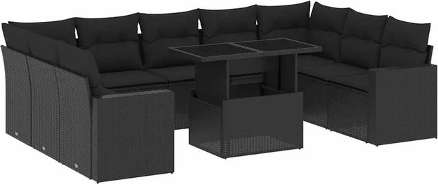vidaXL 10-tlg. Garten-Sofagarnitur in L-Form aus Poly-Rattan mit Kissen, Schwarz - Bild 1