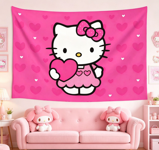 Sanrio Hello Kitty Wandteppich in Pink mit Herz- und Tiermotiven, Rechteckiger Wandbehang für Kinder - Bild 1