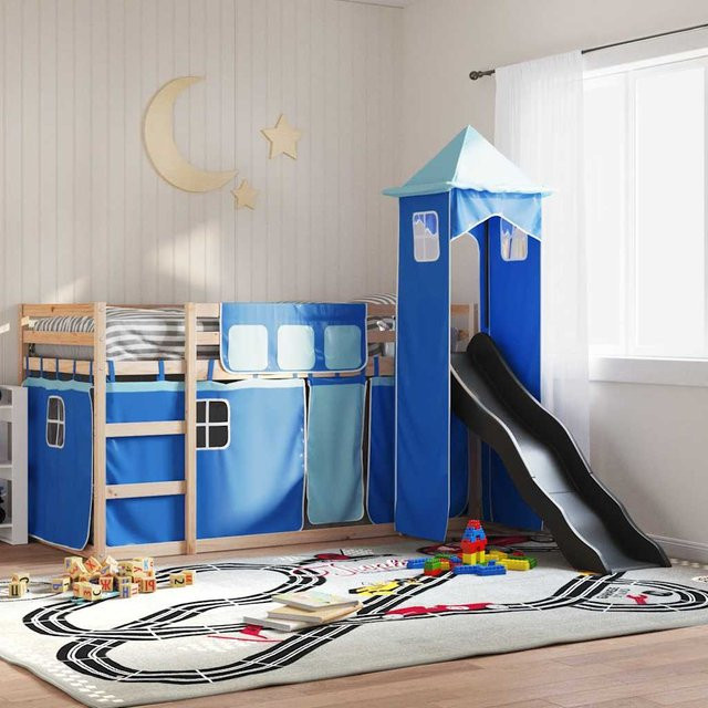 vidaXL Etagenbett für Kinder aus Massivholz mit Rutsche und Vorhängen, Blau/Anthrazit, B/T/H: 80 x 200 x 205,5 cm - Bild 2