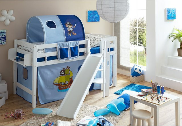 TiCAA Hochbett Tino mit Rutsche und Podest aus Buche, Farbe Weiß - Bild 1