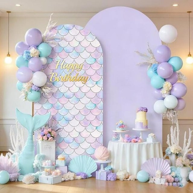 VIKAMA Meerjungfrauenschuppen-Bogen-Hintergrundset in Lila und Blau für Kindergeburtstage und Fotografie-Requisiten - Bild 1