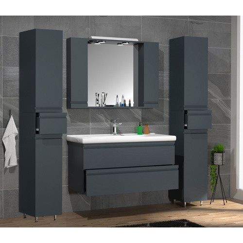 VCM Badmöbel Set Silora XL, 5-tlg. Waschplatz-Set in Anthrazit-Grau matt mit Keramik-Waschbecken, Spiegelschrank und Hochschrank, Breite: 100 cm - Bild 2