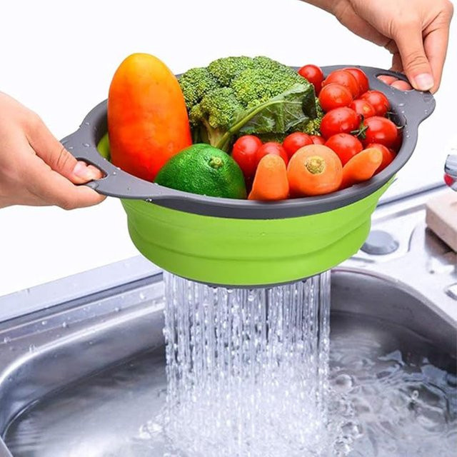 Rundes faltbares Silikon-Küchensieb zum Ablassen von Gemüse und Obst in Blau und Grün - Bild 1