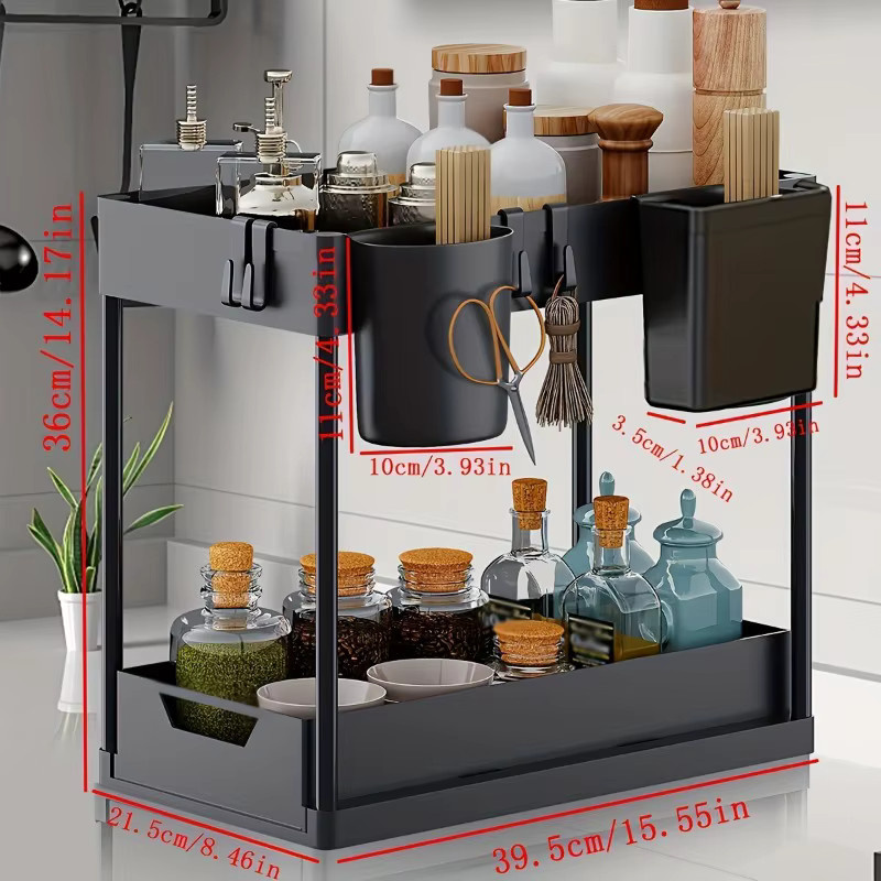 CZSAE 2-stufiger Multifunktions-Organizer für Küchenspüle und Badezimmer, schwarzer Schiebeschrankkorb aus Kunststoff mit Haken, B/T/H: 36,0 x 39,5 x 2,0 cm - Bild 6
