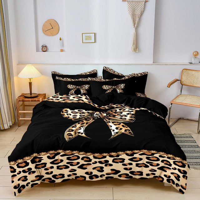 3-teiliges Bettwäsche-Set mit schwarzem Leopardenmuster und Blumenprint aus Mikrofaser, B/H: 160 x 210 cm - Bild 1