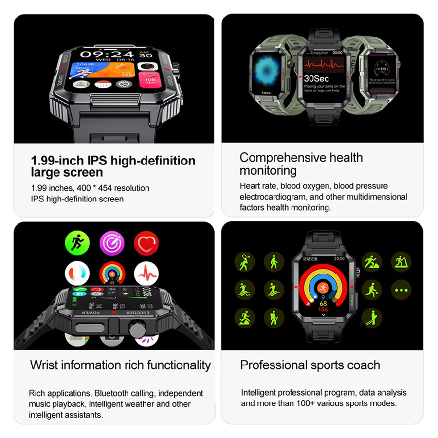 ChiBear EGC + PPG GPS Sport Fitness Tracker Smartwatch für Männer mit 1,99 Zoll HD Bildschirm, Herzfrequenzmessung und Bluetooth Anruffunktion in Schwarz oder Grün - Bild 2