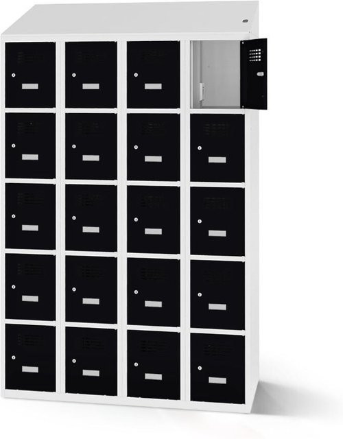 rotstahl Fächerschrank mit Ladefunktion und 20 Fächern in Schwarz mit lichtgrauem Korpus, B: 120 cm, H: 200 cm - Bild 1