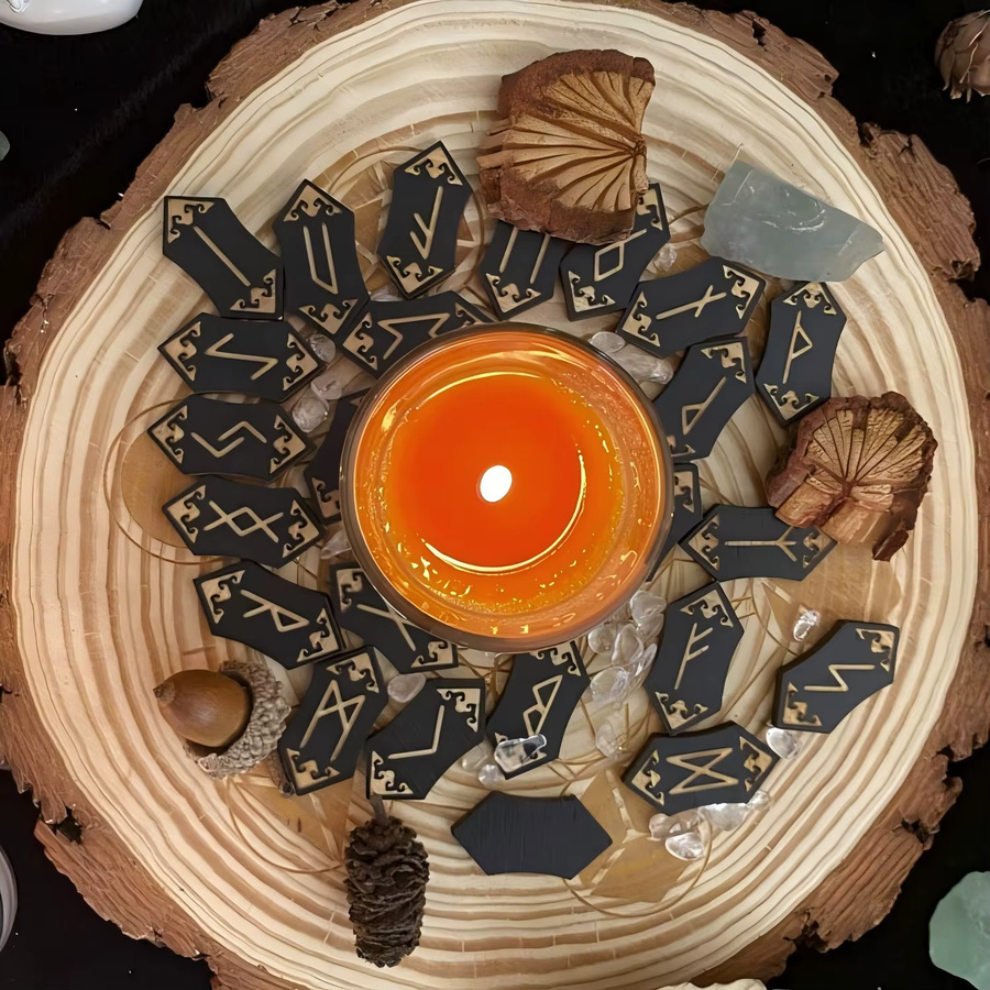 Vikings Jewelry Runen-Set aus Holz mit Aufbewahrungstasche und Guide Buch für Meditation und Wahrsagerei in Schwarz - Bild 2