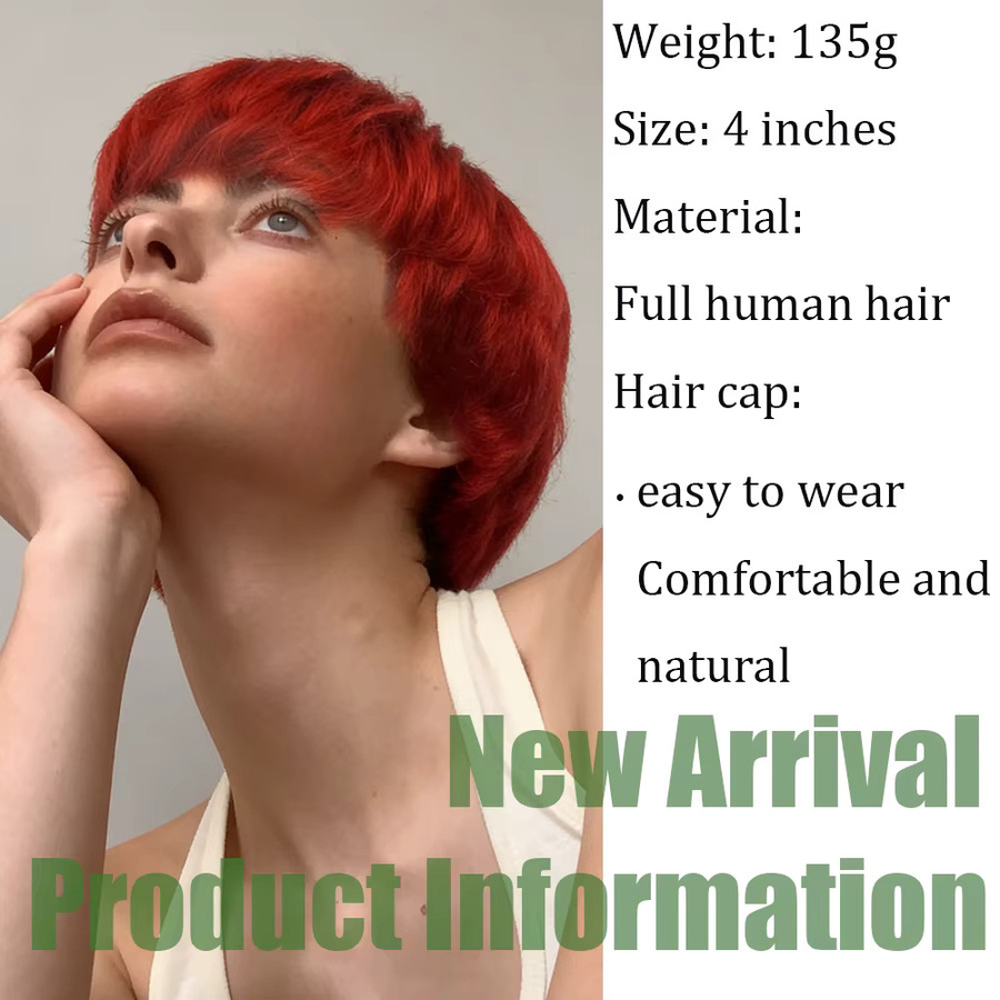 OYM HAIR Pixie-Perücke, rote Remy-Echthaar-Perücke, mit Pony - Bild 2