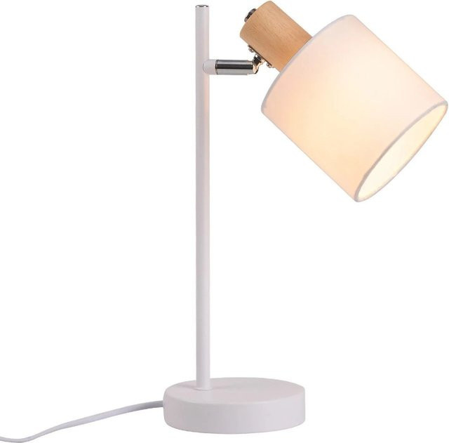 NETTLIFE Vintage Nachttischlampe aus Holz und Metall mit weißem Stofflampenschirm, verstellbar, E14, Farbe: Weiß/Braun, Höhe: 35,5 cm - Bild 1