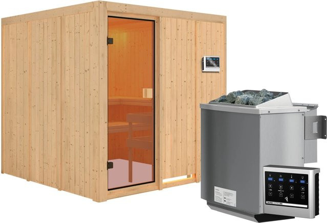 Karibu Sauna Oulu aus Fichte mit 9 kW BioKombiofen, externem Steuergerät und bronzierter Glastür, Farbe: Braun/Gold, B/T/H: 196 x 196 x 198 cm - Bild 1