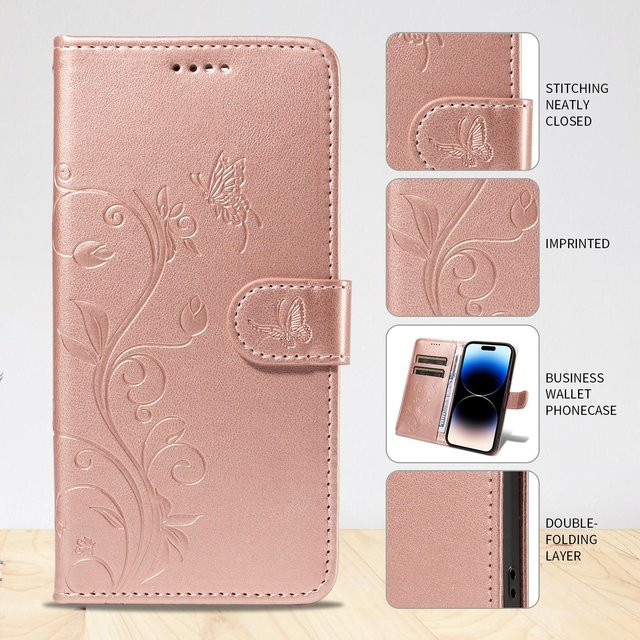 Luxus Klapp-Lederbrieftasche mit Schmetterlings- und Blumenmuster als Handyhülle für Samsung Galaxy A05, A05s, A15, A16, A17, A25, A26, A35, A36, A55 5G, A56, A06, A07 in Pink - Bild 1
