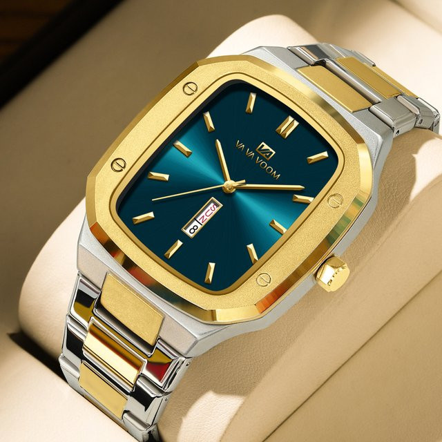 VA VA VOOM Armbanduhr, Quarz, Edelstahl, Blau, Gold, Eckig, Herren - Bild 1