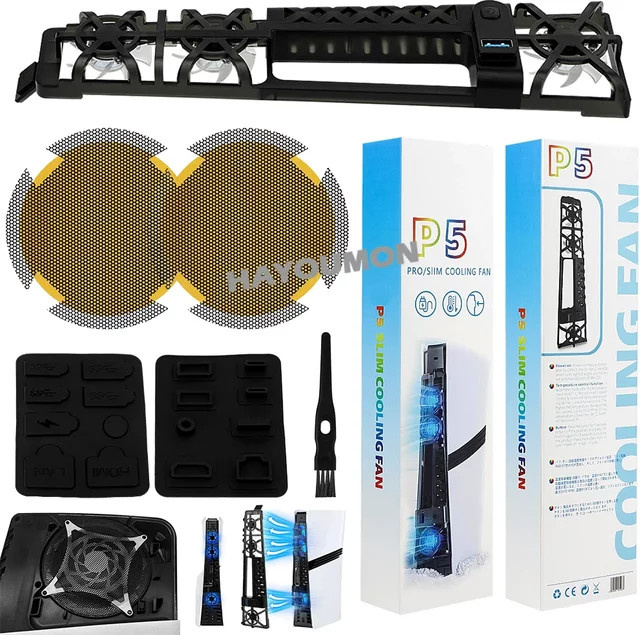 Royaldraid RGB-Lichtkühlventilator mit USB-Anschluss und Staubfilternetz für PS5 Pro und PS5 Slim in Schwarz/Multicolor - Bild 1