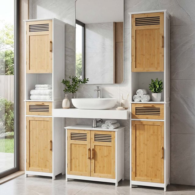 Badezimmerset MCW-A85 aus Bambus und MDF mit 2x Hochschrank und Waschbeckenunterschrank in Weiß und Braun-uni - Bild 1