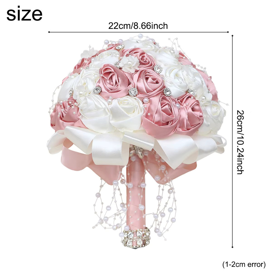 YeeNanee Handgefertigter Hochzeitsstrauß aus Satin-Rosen in Pink mit Kristallperlensträngen - Bild 5