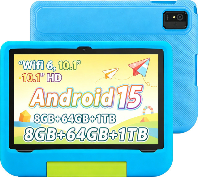 Paitanry Kinder-Tablet mit 10,1 Zoll HD IPS Bildschirm, Android 15, 8 GB RAM, 64 GB Speicher, Octa-Core, WiFi 6, 5000mAh Akku und sturzsicherer Hülle mit verstellbarem Ständer in Blau - Bild 1