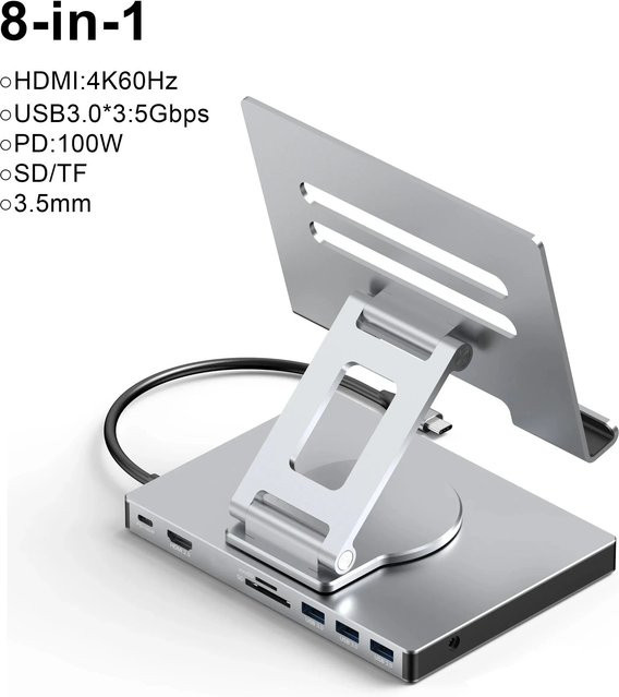 Kebidumei 9-in-1 USB-C-Hub Dockingstation mit Tablethalter, 4K60Hz HDMI, USB 3.0, Ethernet und 3,5 mm Klinke, Silber - Bild 1
