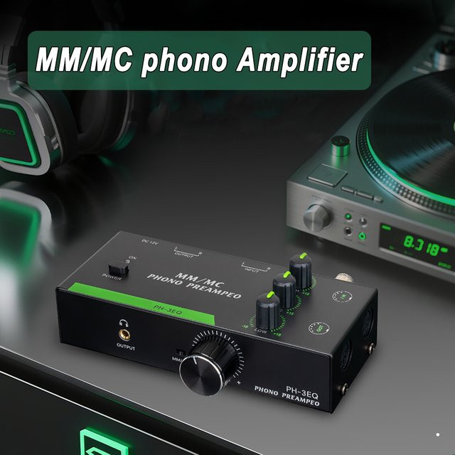 Dreamburgh Phono-Plattenspieler-Verstärker MM/MC Vorverstärker mit einstellbarem 3-Band-EQ und Pegelregelung in Schwarz - Bild 1