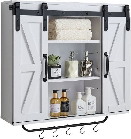 VEVOR Badezimmer Wandschrank in Weiß mit 2 Schiebetüren, verstellbaren Regalen, offener Trennwand, Handtuchhalter und Haken, Wandmontage - Bild 1