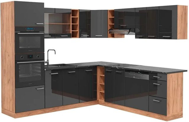 Vicco R-Line Eckküche Anthrazit Hochglanz und Goldkraft Eiche B/T/H: 237 x 247 x 81,6 cm - Bild 1