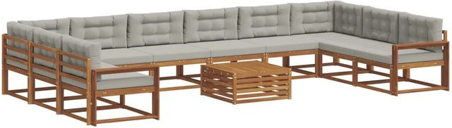 vidaXL Outdoor-Sofagarnitur aus massivem Akazienholz mit Kissen, 11-teilig, Farbe: Natur und Hellgrau - Bild 1