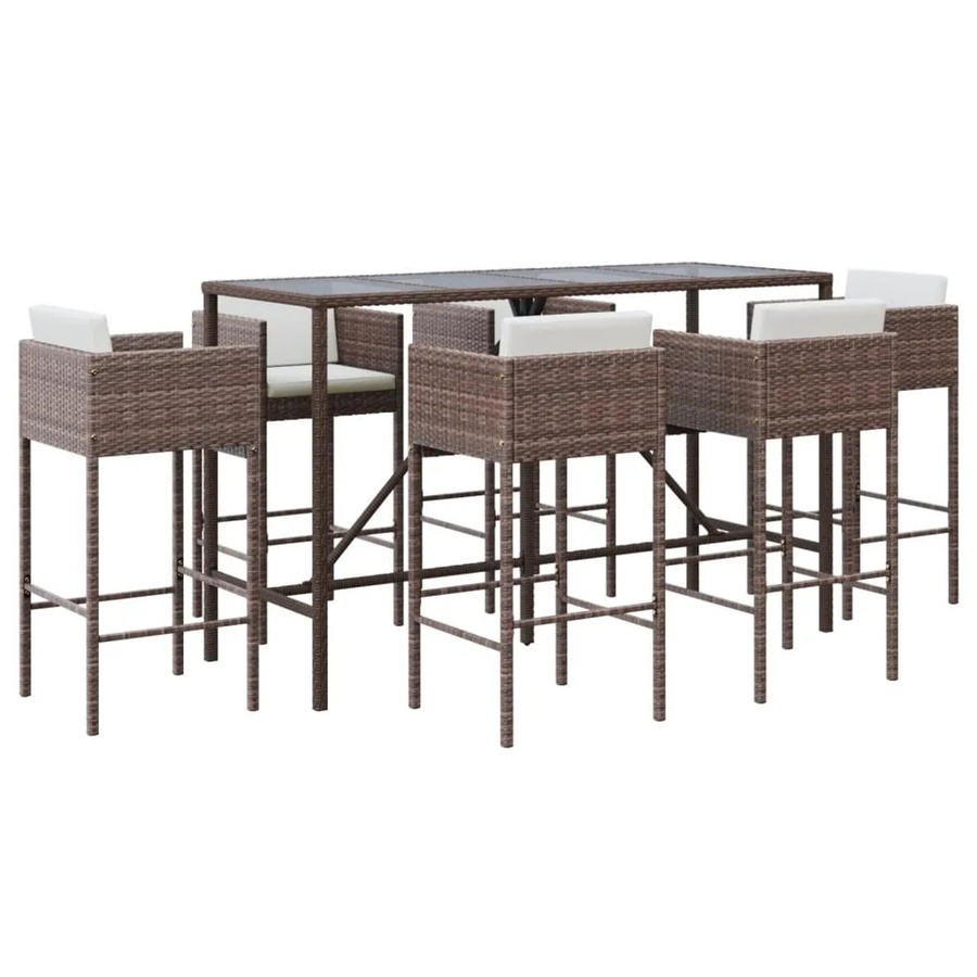 vidaXL 7-tlg Gartenbar-Set aus Poly Rattan mit Kissen und Hartglas, Braun - Bild 2