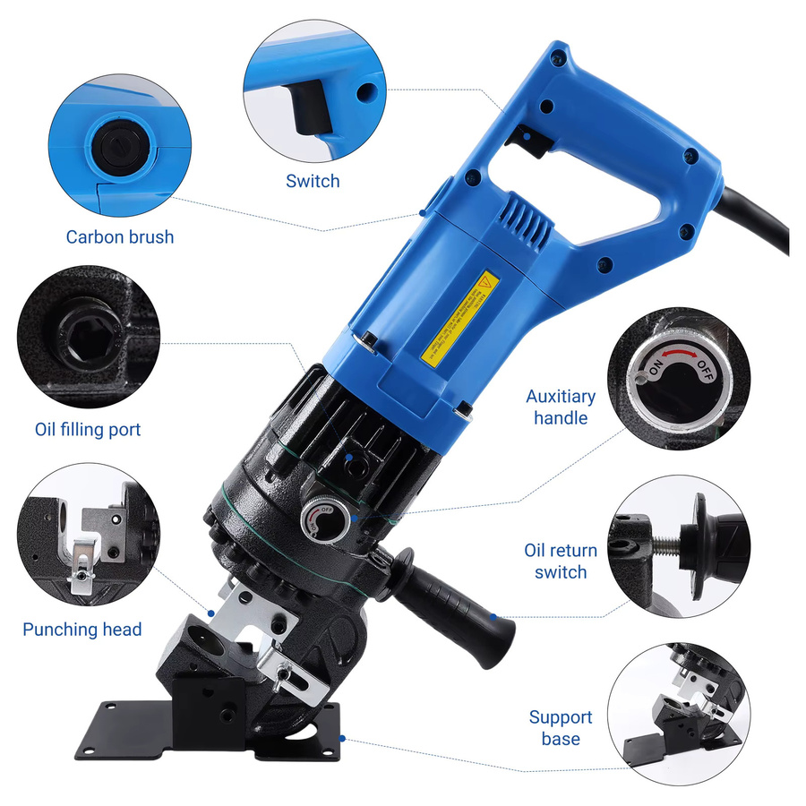 Podofo Elektrischer hydraulischer Lochstanzer 2200W in Blau mit Stanzköpfen 6,5/9/13/17/20,5 mm für Stahl, Eisen, Aluminium und Kupfer - Bild 5