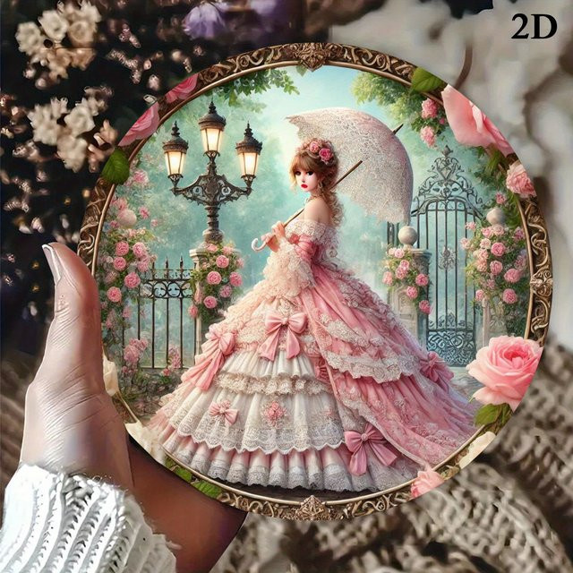 Runde Aluminium-Wandkunst von Potdemiel mit Motiv einer eleganten Frau mit Regenschirm, Metall-Wandschild im Vintage-Stil, Durchmesser: 20,0 cm, Mehrfarbig - Bild 1