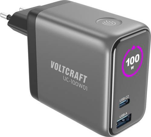 VOLTCRAFT UC-100W01 USB Schnellladegerät mit 1x USB-A und 2x USB-C, 100W GaN Technologie, USB Power Delivery, Schwarz - Bild 1
