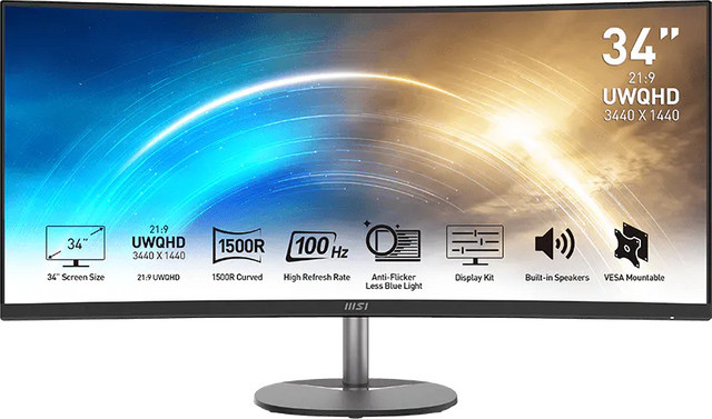 MSI PRO MP341CQDE Curved Monitor, 34 Zoll, UWQHD, VA-Panel, 100 Hz, 1 ms, Schwarz, HDMI und DisplayPort - Bild 1