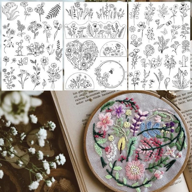 Wasserlöslicher Stickerei-Stabilisator mit vorbedruckten Blumen- und Blattmustern in Weiß zum Nähen und Stricken - Bild 1