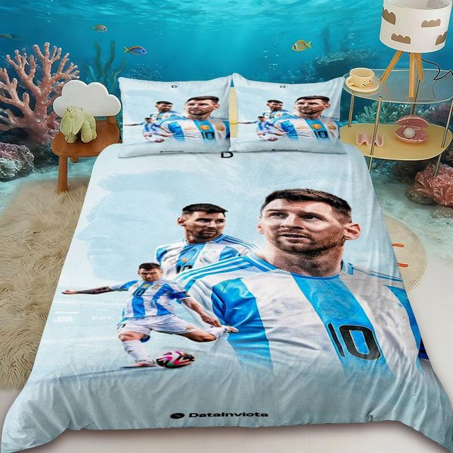 Bettwäsche-Set Flylo mit Messi Fußball-Print für Kinder und Jugendliche, Blau, B/H: 180 x 210 cm - Bild 1